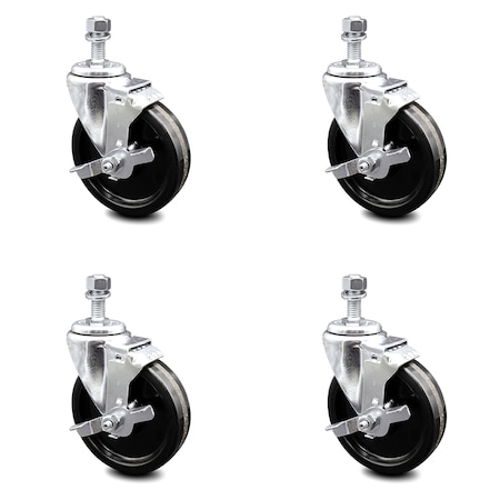 Service Caster 5 Inch Phenolic Wheel Swivel 1/2 Inch Threaded Stem Caster Set with Brake SCC SCC-TS20S514-PHS-TLB-121315-4